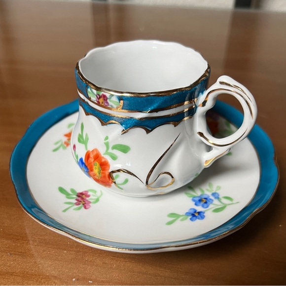 Limoges Other - Limoges China White Floral Teacup & Saucer Gold Scroll England Blue Border Vtg